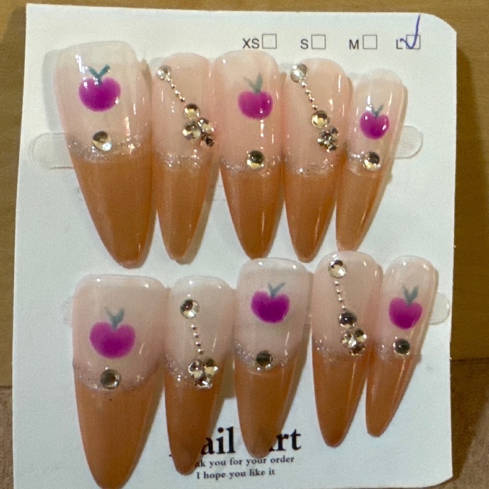 Pink Brown French Tip Press On Nails Large Stiletto Cherry Rhinestone Y2K 10pc